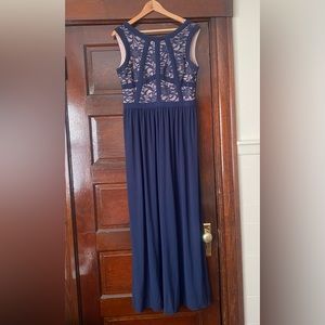 Long length navy blue gown with mesh illusion